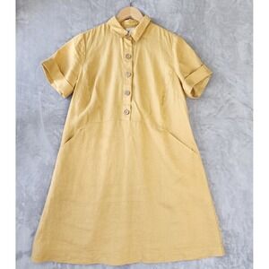 J Jill Linen Dress Womens Size Small Petite Yellow Pockets Shirt Collar PS 100%